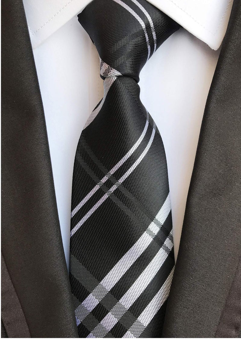 Elfeves Men's Modern Tartan Checks Plaid Style Formal Ties Woven Pattern Necktie (One Size, Black) - Image 2